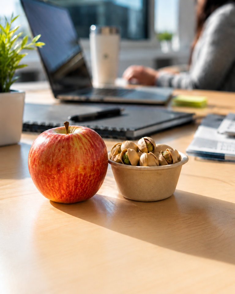 Manzana y pistaches como snack durante la jornada laboral