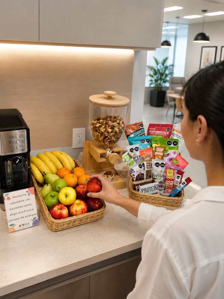 Colaboradora eligiendo fruta y snacks saludables en la oficina